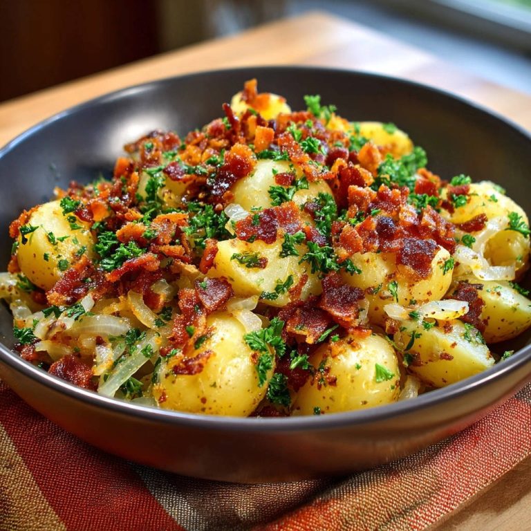 Deftige Bratkartoffeln mit knusprigem Bacon und Petersilie, garniert und in einer Schüssel serviert.