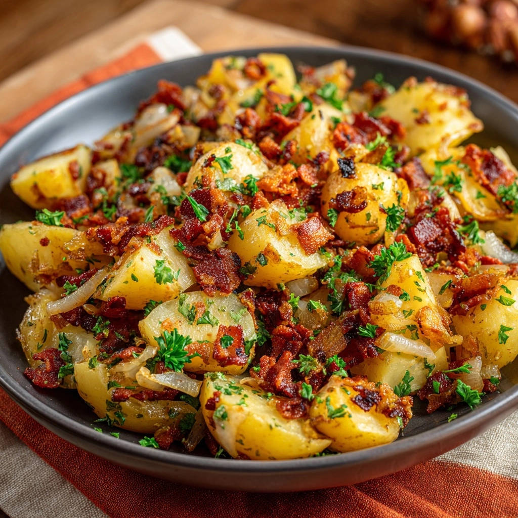 Deftige Bratkartoffeln mit knusprigem Bacon, garniert mit frischer Petersilie, in einer Nahaufnahme serviert.
