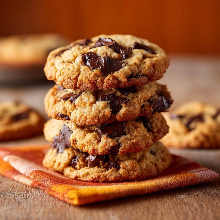 Perfekte Chocolate Chip Cookies, gestapelt auf einem gemusterten Küchentuch, mit anderen Keksen im Hintergrund.