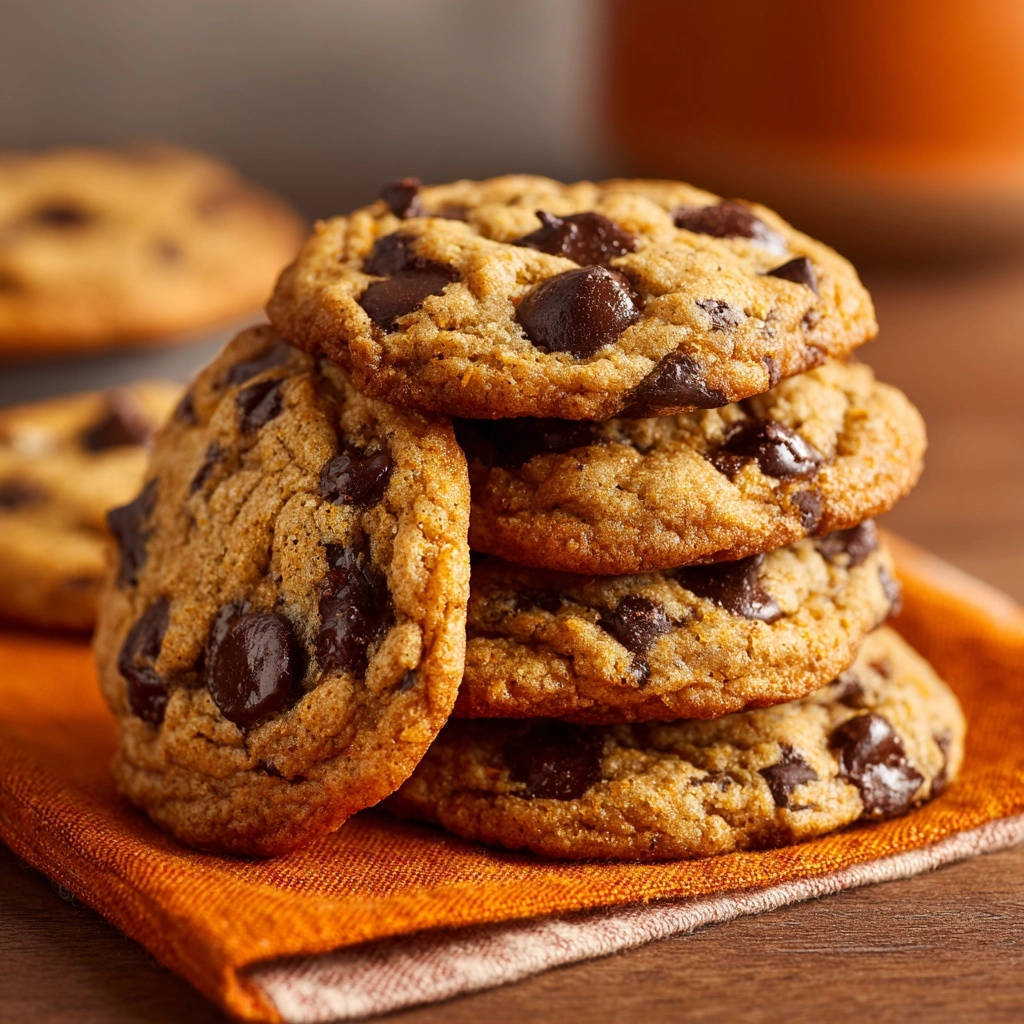 Perfekte Chocolate Chip Cookies als Stapel auf einer orangen Serviette, mit sichtbaren Schokoladenstückchen.