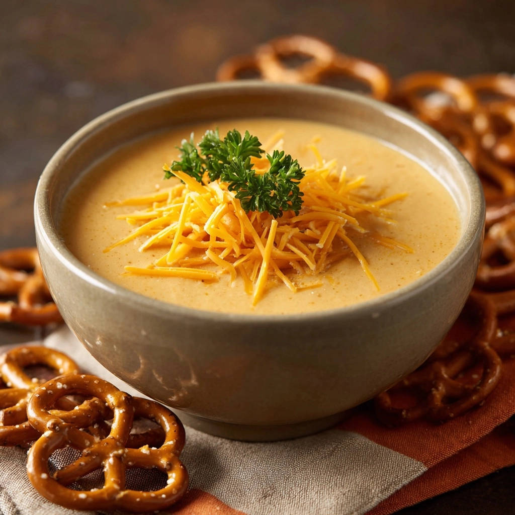 Cremige Brezel-Käsesuppe, garniert mit geriebenem Käse und Petersilie, serviert mit Brezeln