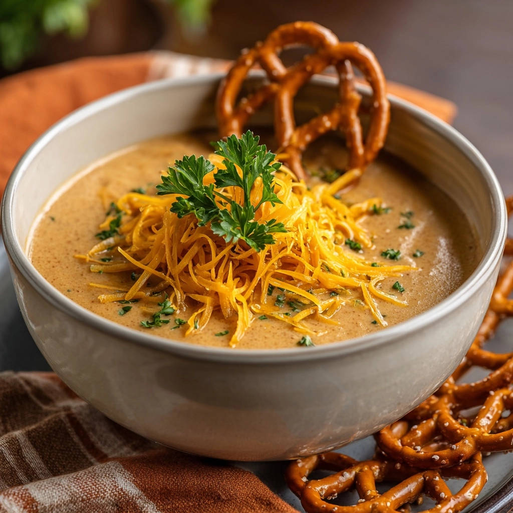 Cremige Brezel-Käsesuppe mit viel geriebenem Käse und frischer Petersilie garniert, serviert mit Brezeln.