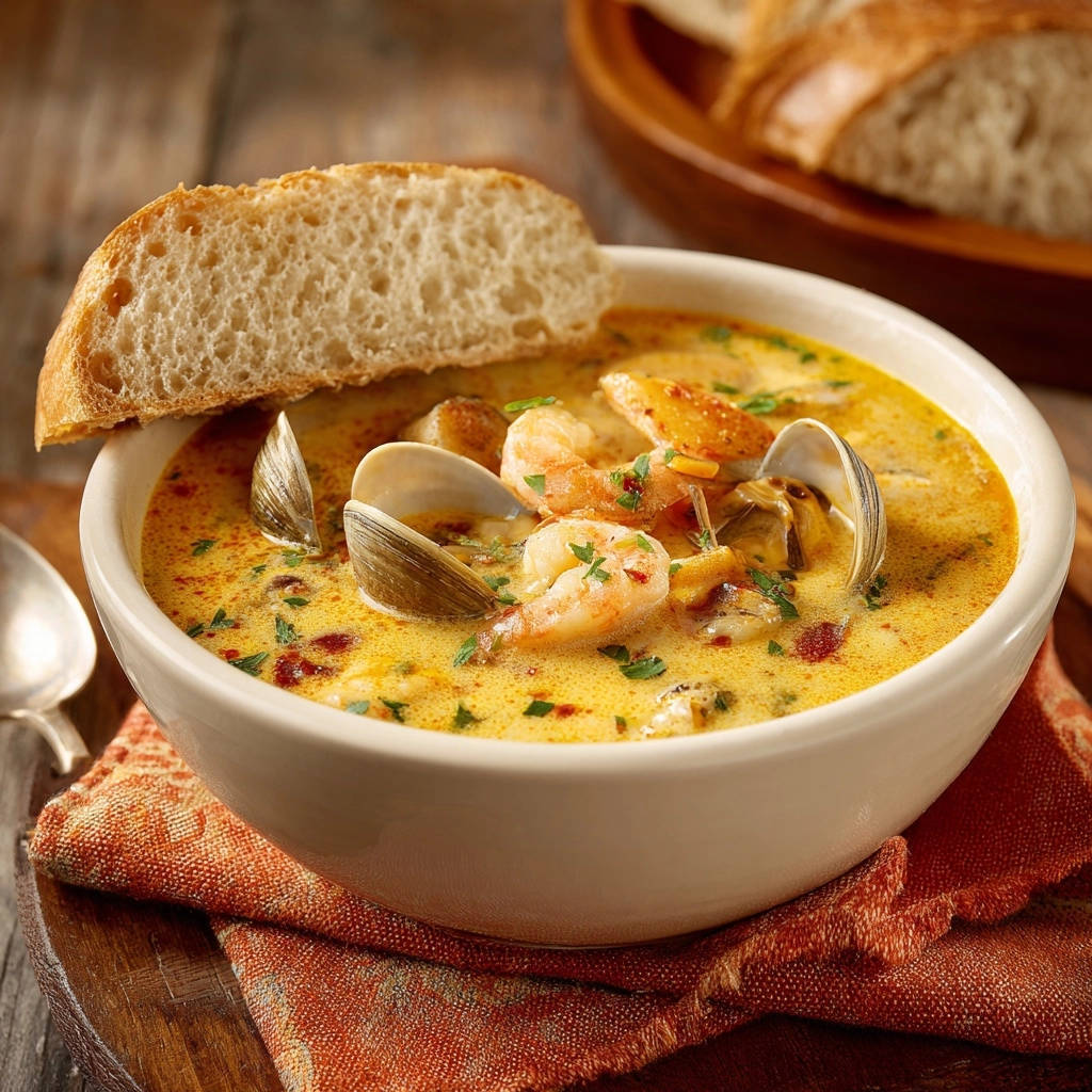 Cremige Meeresfrüchte-Chowder mit Garnelen und Muscheln, nahaufnahme mit einem Stück Brot darauf