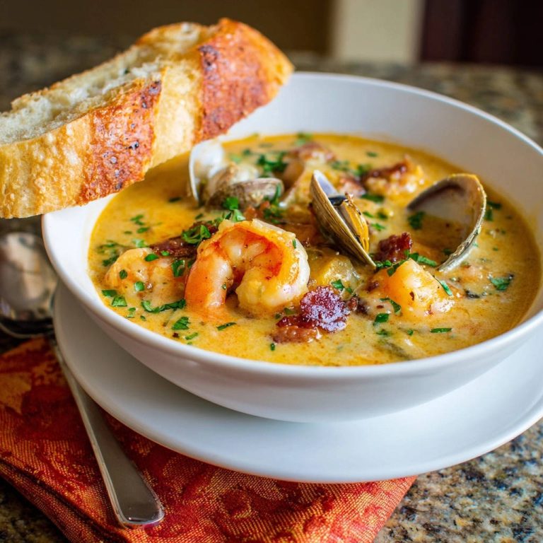 Cremige Meeresfrüchte-Chowder mit Garnelen, Muscheln und Brot, serviert auf einem Teller mit Löffel.