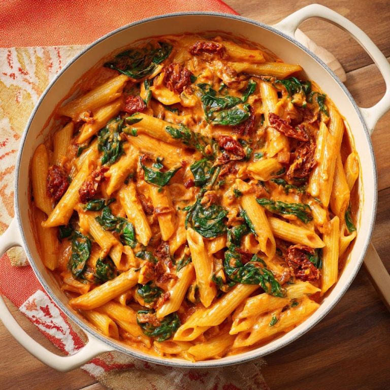 Cremige Penne mit Spinat und getrockneten Tomaten in einer Pfanne von oben fotografiert, zeigt die cremige Sauce und die Textur der Pasta.