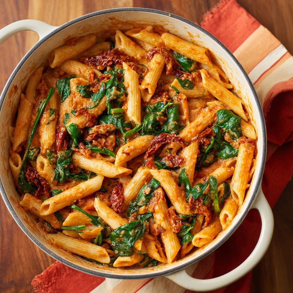 Cremige Penne mit Spinat und getrockneten Tomaten in einem Topf von oben fotografiert.