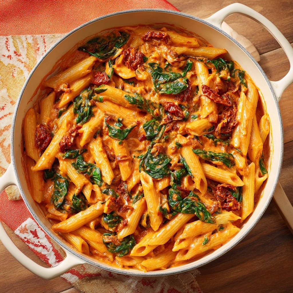 Cremige Penne mit Spinat und getrockneten Tomaten in einer Pfanne von oben fotografiert, zeigt die cremige Sauce und die Textur der Pasta.