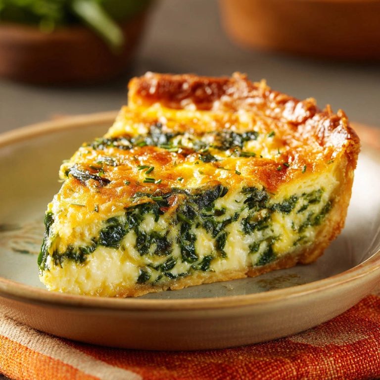 Cremige Spinat-Quiche angeschnitten auf einem Teller, mit einem Blick auf den knusprigen Boden und die Füllung.