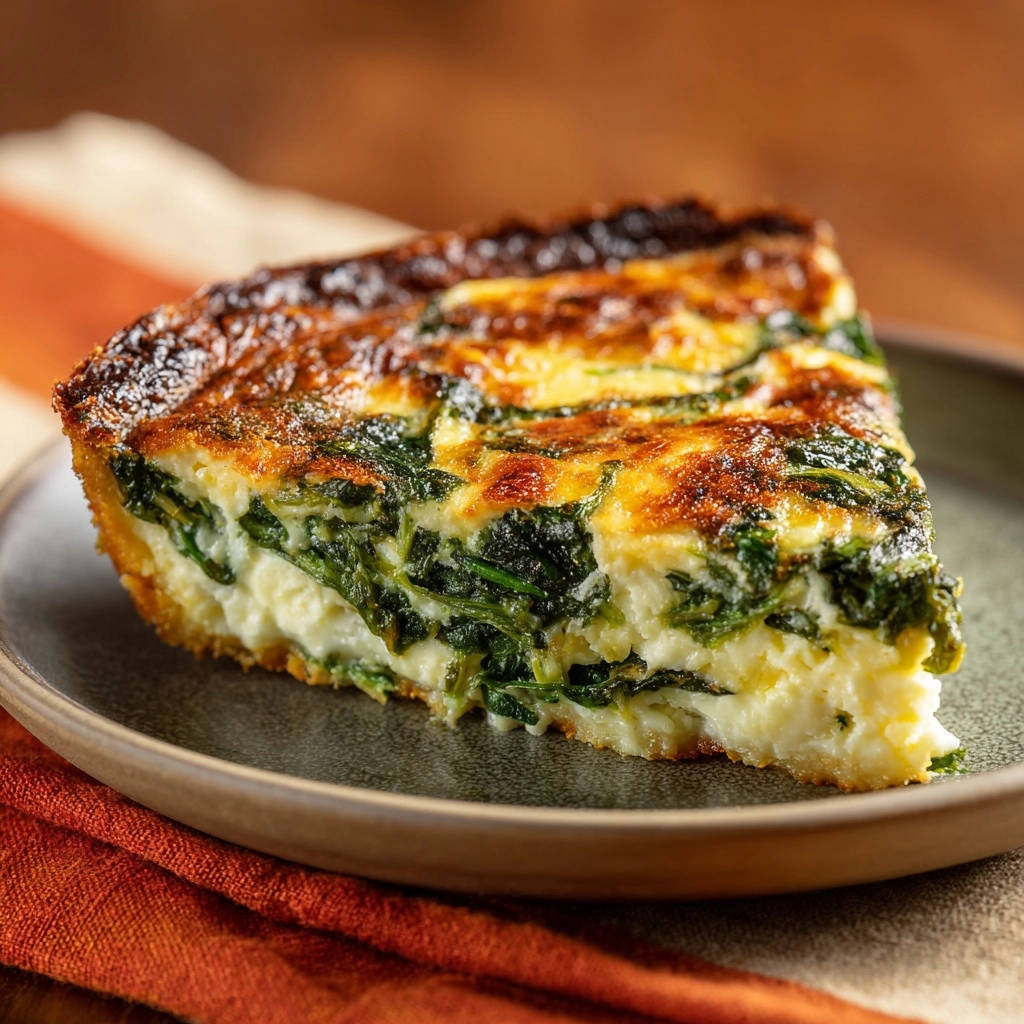 Cremige Spinat-Quiche zeigt eine angeschnittene Scheibe auf einem Teller mit einem knusprigen Boden und reichem, cremigem Inneren.