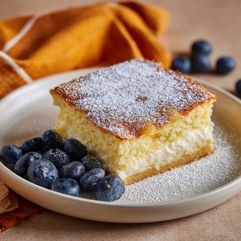 Cremiger Blechkuchen mit Blaubeeren, angeschnitten auf einem Teller mit frischen Blaubeeren und Puderzucker bestäubt.