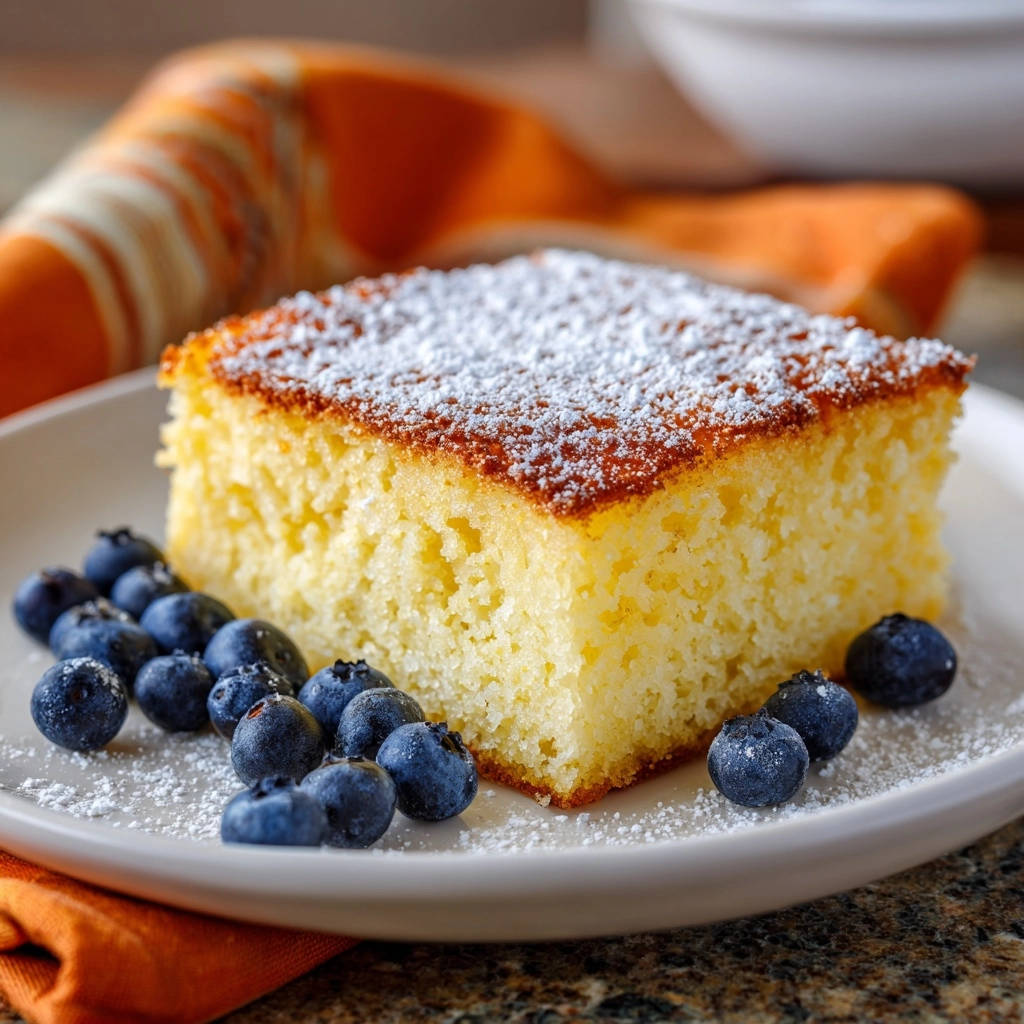 Cremiger Blechkuchen mit Blaubeeren, ein Anschnitt mit Puderzucker bestäubt und Blaubeeren auf einem Teller serviert.