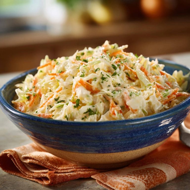 Cremiger Coleslaw als Nahaufnahme in einer blauen Schüssel, garniert mit frischer Petersilie und Karottenstreifen.