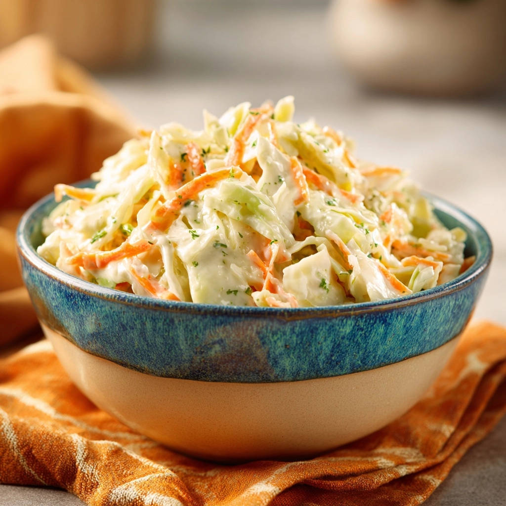 Cremiger Coleslaw Nahaufnahme Schuessel 1 2 Cremiger Coleslaw in einer rustikalen Schüssel, mit knackigem Kraut und Karotten, appetitlich garniert.