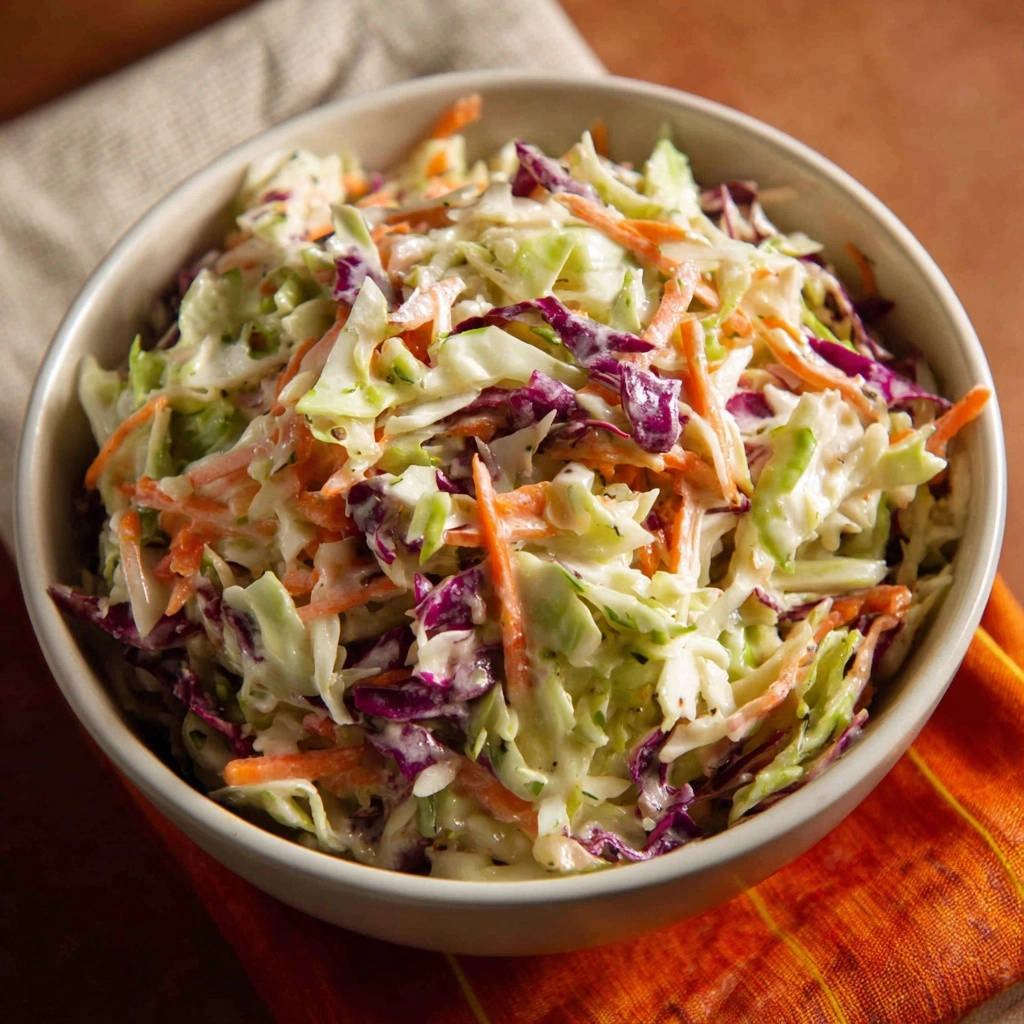 Cremiger Krautsalat in einer Schüssel, Nahaufnahme der Textur und der bunten Kohl- und Karottenstreifen.