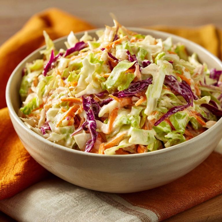 Cremiger Krautsalat in einer Schüssel, Nahaufnahme der knackigen Kohlstreifen und Karotten mit cremiger Sauce.