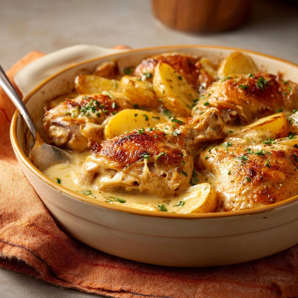 Cremiges Ofenhhnchen Mit Rosmarinkartoffeln Nahaufnahme Sauc 1 Cremiges Ofenhähnchen mit Rosmarinkartoffeln, nah aufgenommen in cremiger Sauce mit gehackter Petersilie garniert.