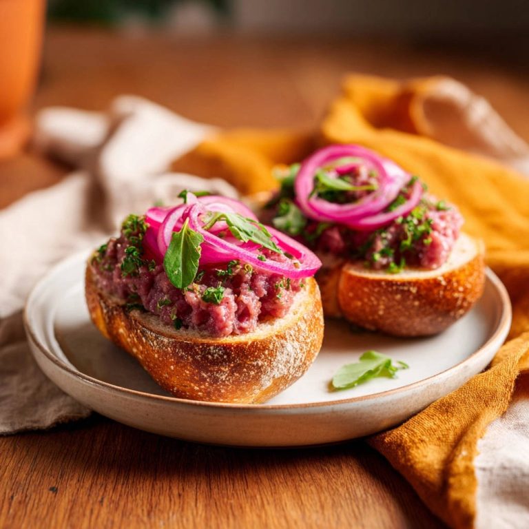 Edles Tatar-Brötchen: Zwei zarte Brötchenhälften mit Tatar und milden Zwiebeln auf einem Teller serviert.