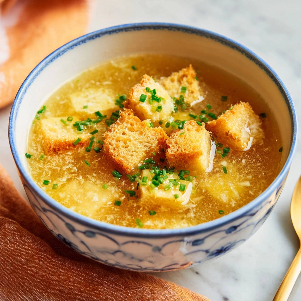 Klassische Eierflockensuppe mit Croutons und gehacktem Schnittlauch als Garnitur in einer Schüssel