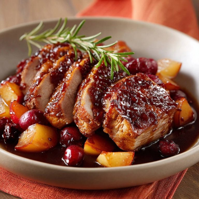 Zarte Entenbrust auf fruchtiger Cranberry-Apfel-Soße, angeschnitten mit Rosmarinzweig garniert