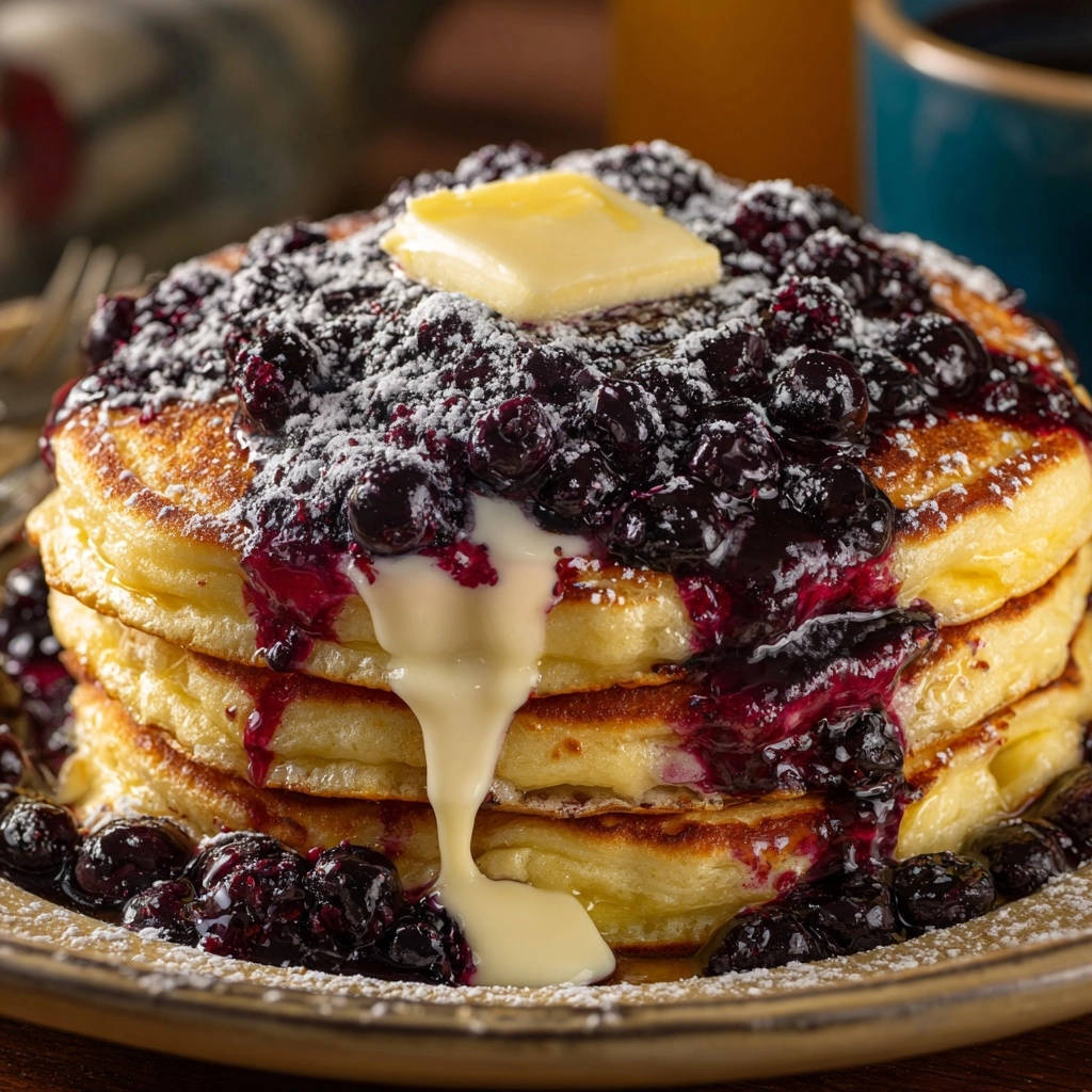 Flaumige Blaubeer Pancakes Mit Topping 1 Flauschige Blaubeer-Pancakes mit geschmolzener Butter und Blaubeersauce, die auf einem Teller serviert werden.