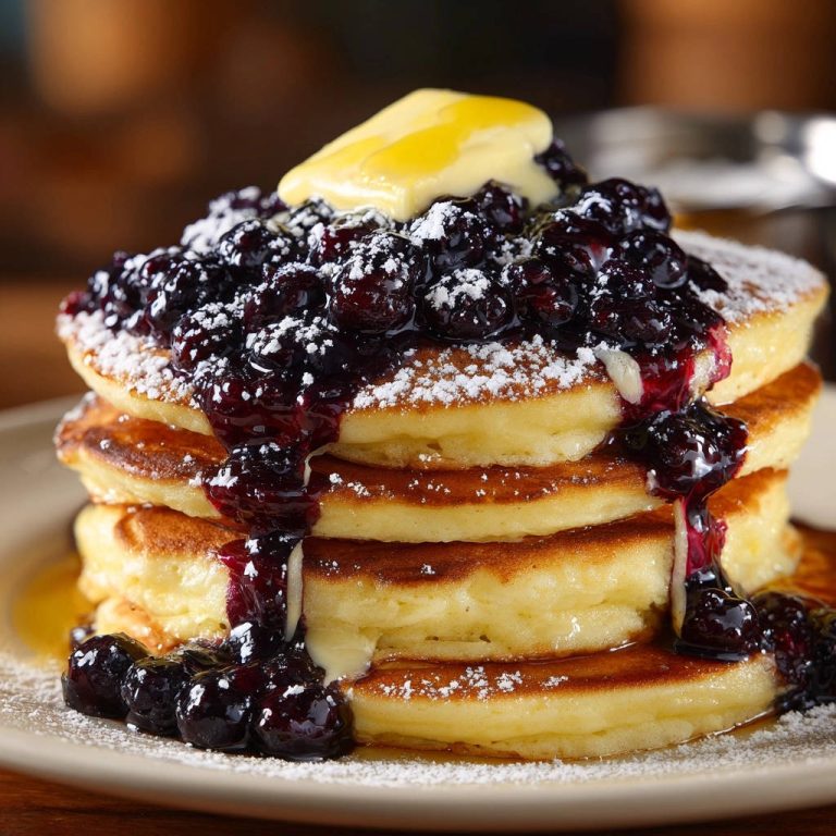 Flauschige Blaubeer-Pancakes mit Butter und Blaubeersauce, detailreiche Nahaufnahme der Garnitur