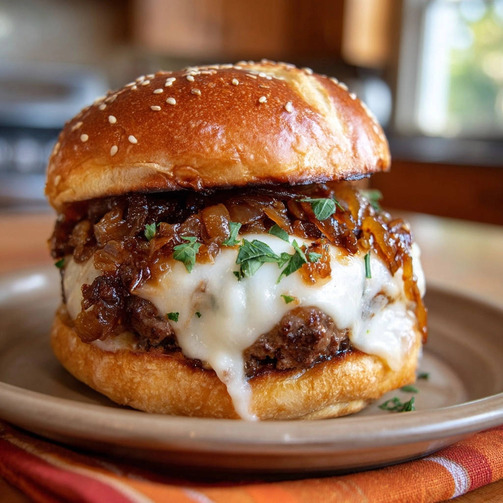 Der unwiderstehliche French Onion Burger mit geschmolzenem Käse und karamellisierten Zwiebeln, Nahaufnahme