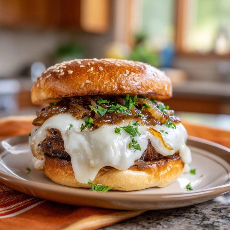 Der unwiderstehliche French Onion Burger, nahaufnahme des geschmolzenen Käses und der karamellisierten Zwiebeln auf dem Burgerbrötchen.