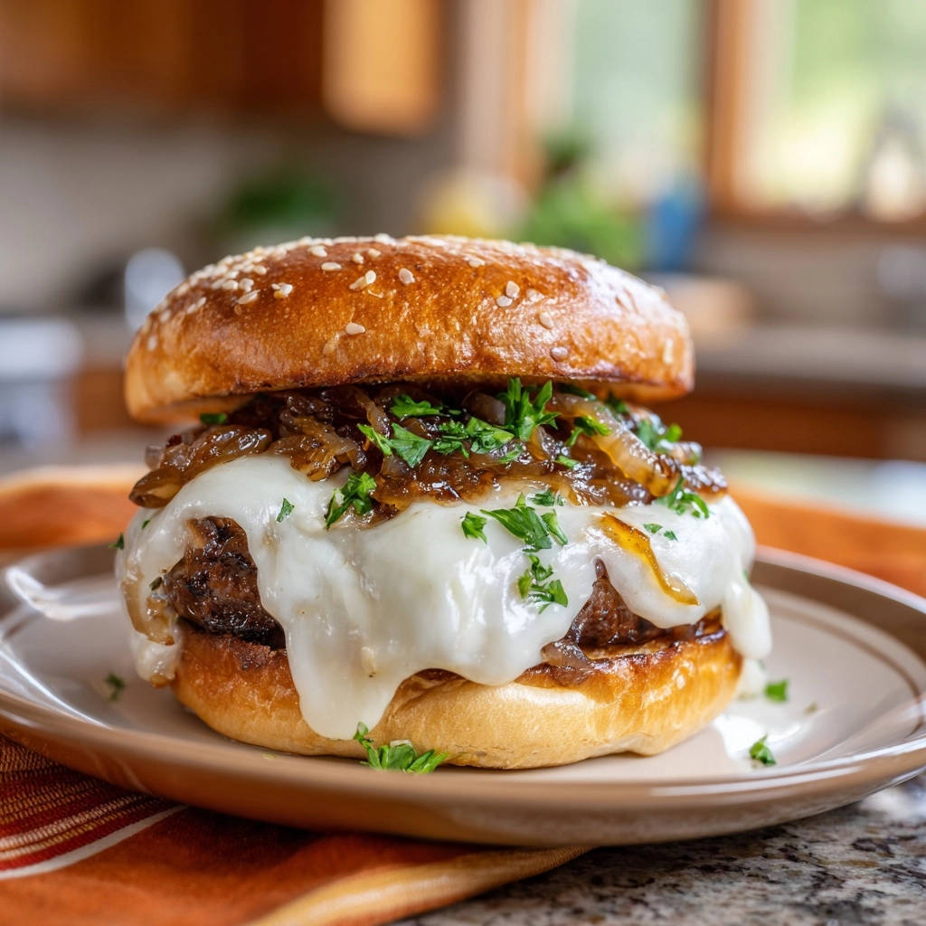 Der unwiderstehliche French Onion Burger, nahaufnahme des geschmolzenen Käses und der karamellisierten Zwiebeln auf dem Burgerbrötchen.