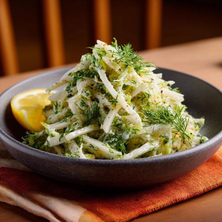 Frischer Dill-Krautsalat als Nahaufnahme in einer Schüssel mit einer Zitronenspalte garniert.