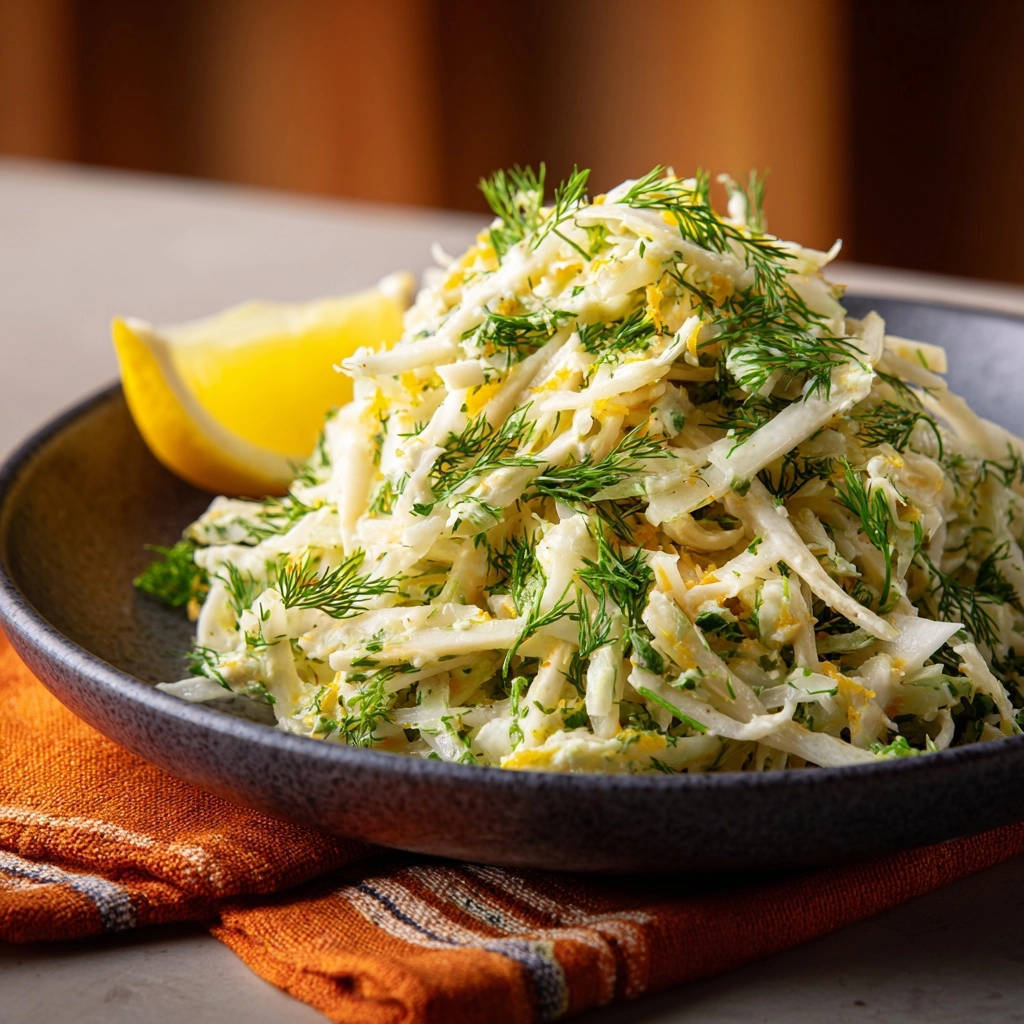 Frischer Dill Krautsalat Nahaufnahme Mit Zitrone 1 Frischer Dill-Krautsalat nah aufgenommen mit einer Zitronenspalte und frischem Dill garniert, zeigt die knackige Textur.