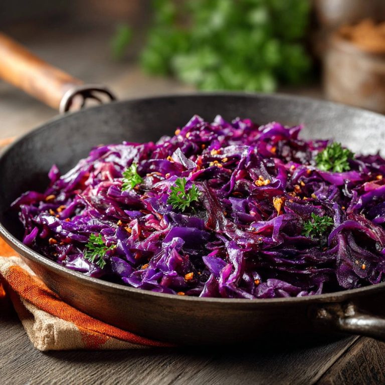 Zarter gebratener Rotkohl mit Apfel und Zwiebeln, serviert in einem gusseisernen Pfännchen mit frischer Petersilie und Gewürzen.