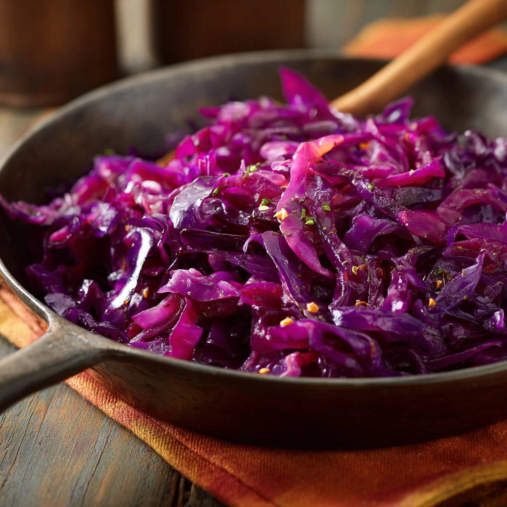 Gebratener Rotkohl Nahaufnahme In Pfanne 1 Zarter gebratener Rotkohl mit Apfel und Zwiebeln, nahaufnahme in einer gusseisernen Pfanne mit einem Holzlöffel