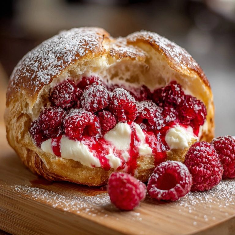 Gefülltes Himbeer-Brioche mit Sahne und frischen Himbeeren, Nahaufnahme des saftigen Inneren