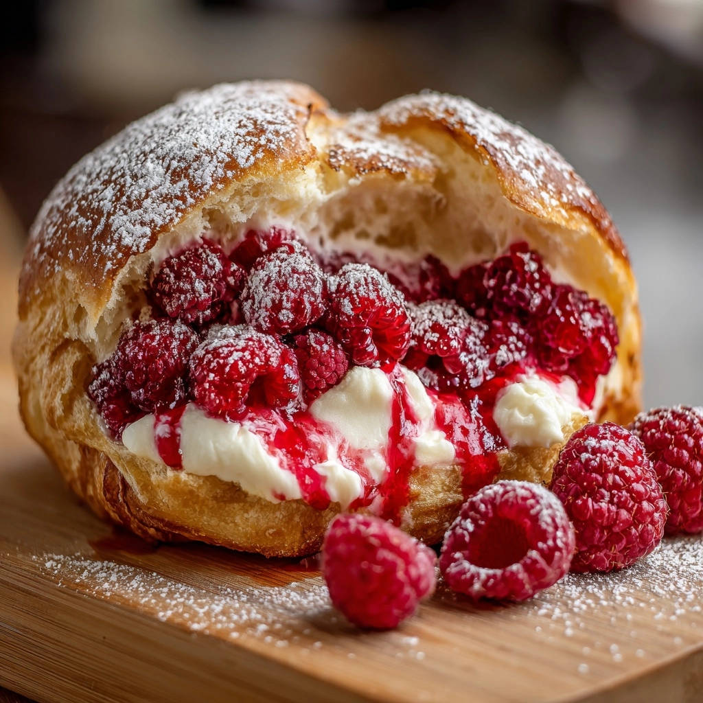 Gefülltes Himbeer-Brioche mit Sahne und frischen Himbeeren, Nahaufnahme des saftigen Inneren