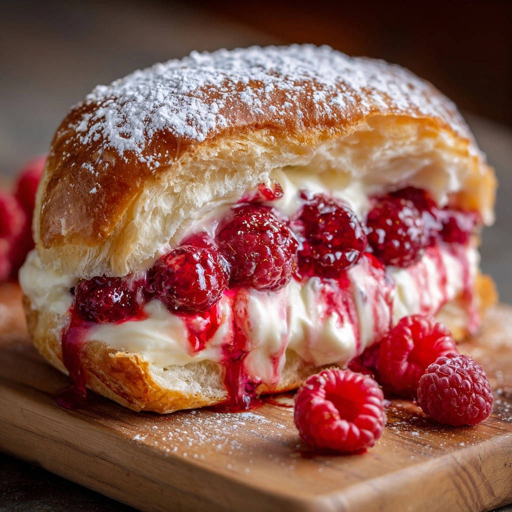 Gefuelltes Himbeer Brioche Nahaufnahme Mit Puderzucker 1 Gefülltes Himbeer-Brioche mit Puderzucker bestäubt, Nahaufnahme der Füllung und frischen Himbeeren.