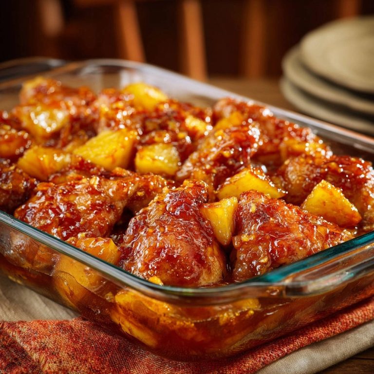 Glasierte Ananas-Hähnchen-Ofenform, zarte Hähnchenstücke mit Ananas in einer glasierten Sauce in einer Auflaufform