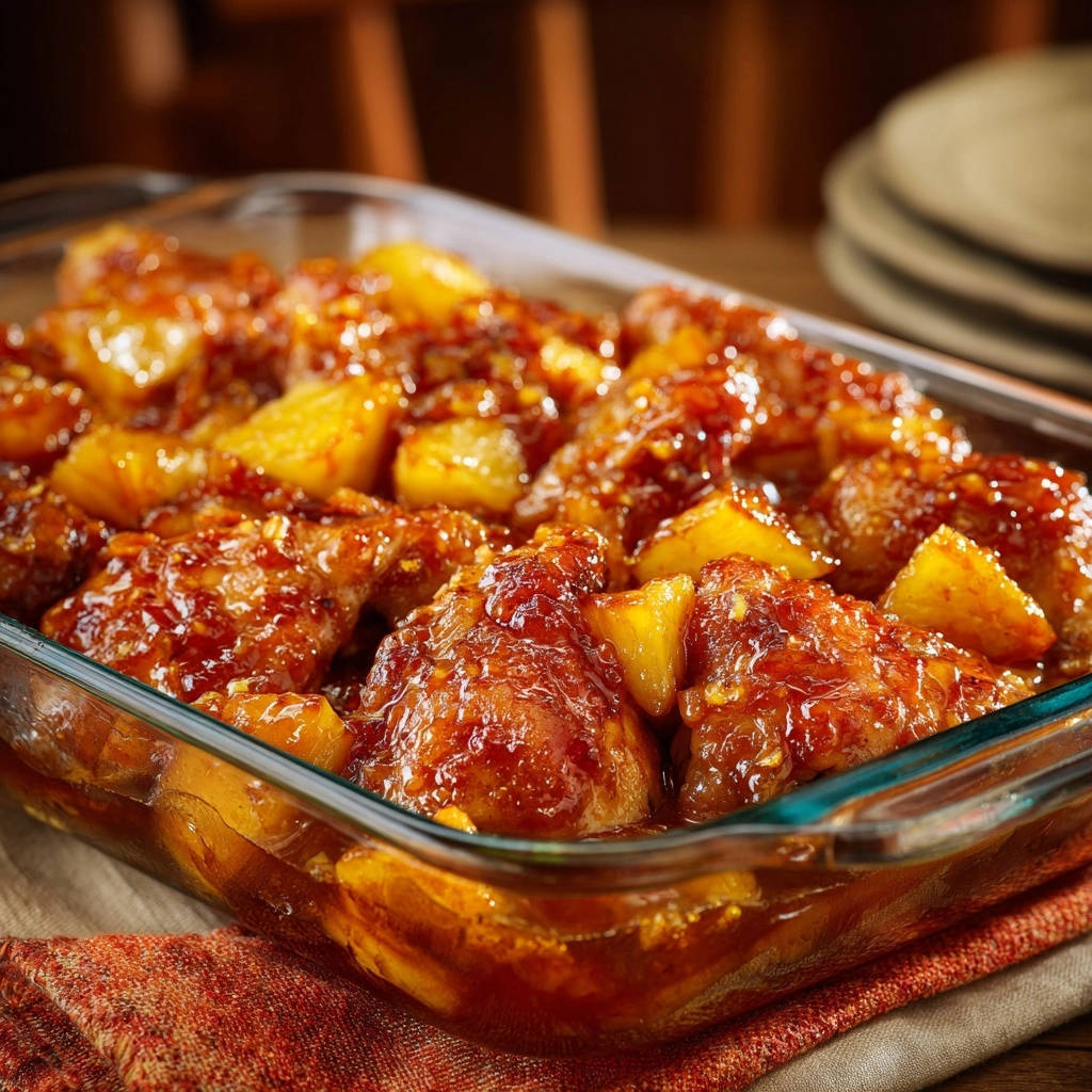 Glasierte Ananas-Hähnchen-Ofenform, zarte Hähnchenstücke mit Ananas in einer glasierten Sauce in einer Auflaufform