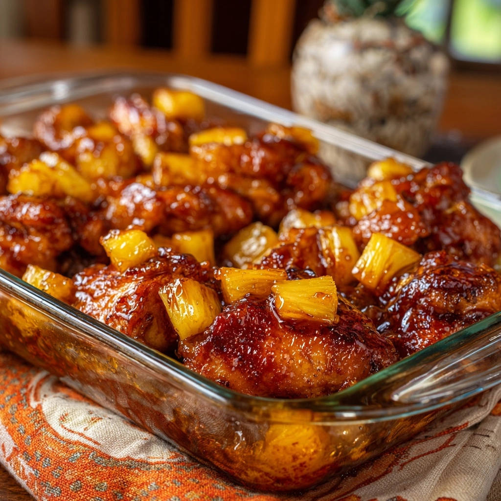 Glasierte Ananas-Hähnchen-Ofenform in einer Napfkuchenform, mit saftigen Hähnchenstücken und Ananasstücken, die mit einer glänzenden Glasur überzogen sind.