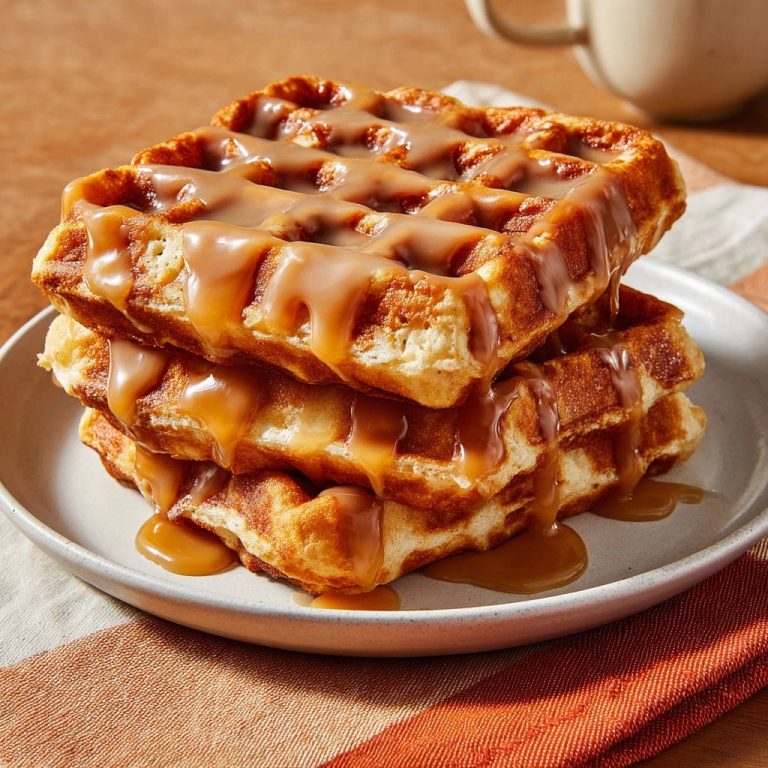 Goldbraune Waffeln mit cremiger Karamellsauce, gestapelt auf einem Teller, mit Sauce, die über den Rand tropft.