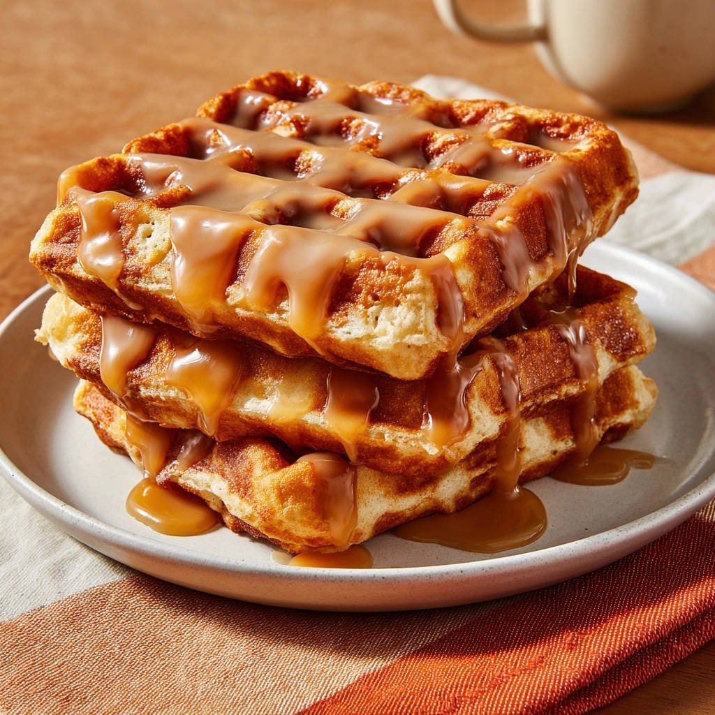 Goldbraune Waffeln mit cremiger Karamellsauce, gestapelt auf einem Teller, mit Sauce, die über den Rand tropft.