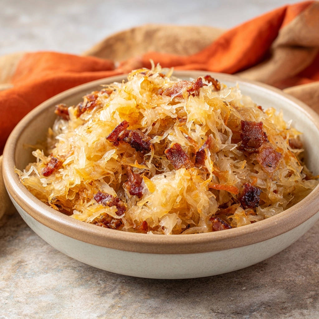 Goldbraunes Sauerkraut mit krossem Bacon als Nahaufnahme in einer Schüssel, mit einem orangefarbenen Tuch im Hintergrund.