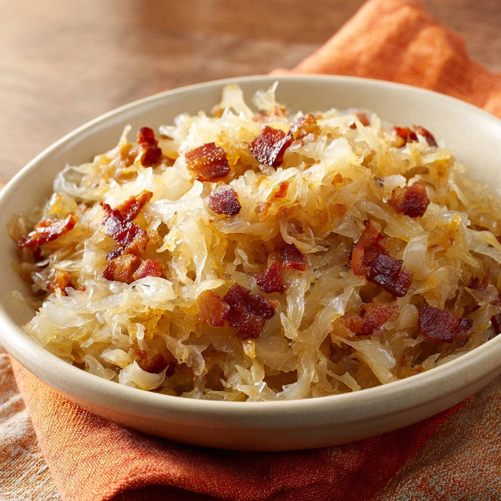 Goldbraunes Sauerkraut mit krossem Bacon als Nahaufnahme in einer Schüssel auf einem orangen Tuch.