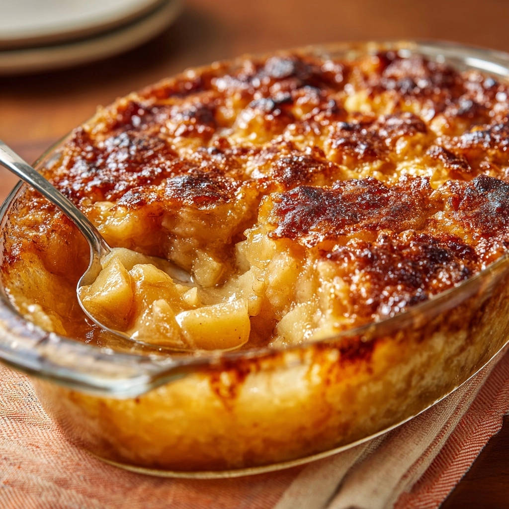 Goldschimmernder Apfel-Cobbler, mit einem Löffel herausgenommen, zeigt die knusprige Textur und das saftige Innere des Gebäcks.