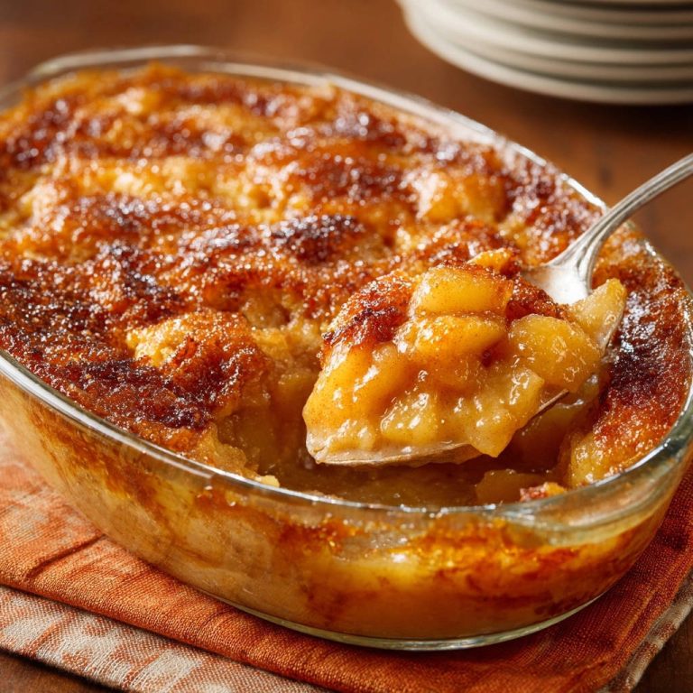 Goldschimmernder Apfel-Cobbler mit einem Löffel voll Apfelstückchen und knuspriger Kruste, nahaufnahme