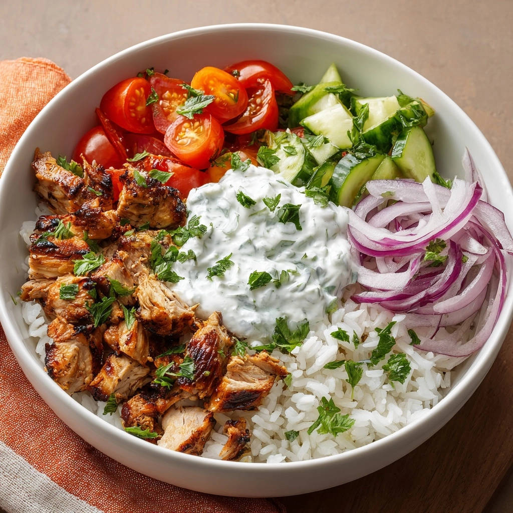 Griechische Hähnchen Bowl mit saftigen Hähnchenbissen, Reis, Tomaten und Tzatziki, serviert in einem weißen Teller.