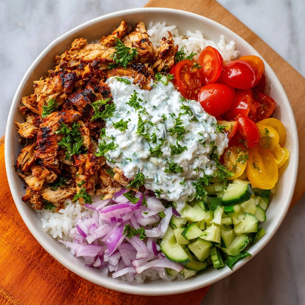 Griechische Haenchen Bowl Nahaufnahme Garniert 1 Griechische Hähnchen Bowl mit saftigen Hähnchenbissen, Reis, Tzatziki und frischem Gemüse, garniert mit Petersilie.