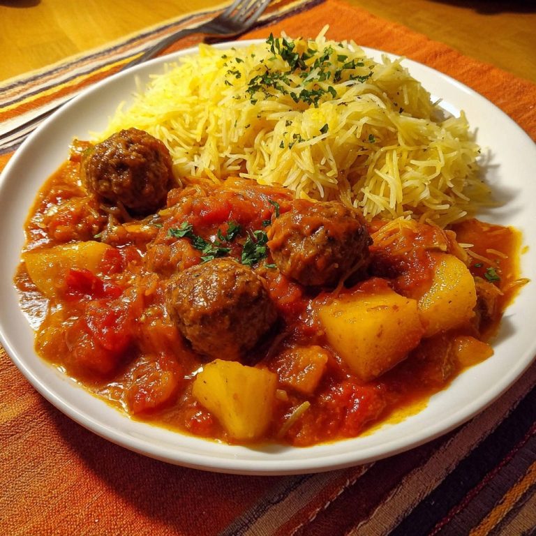 Hackbällchen-Eintopf mit Kartoffeln und Duftreis, serviert auf einem weißen Teller mit einer Gabel im Hintergrund.