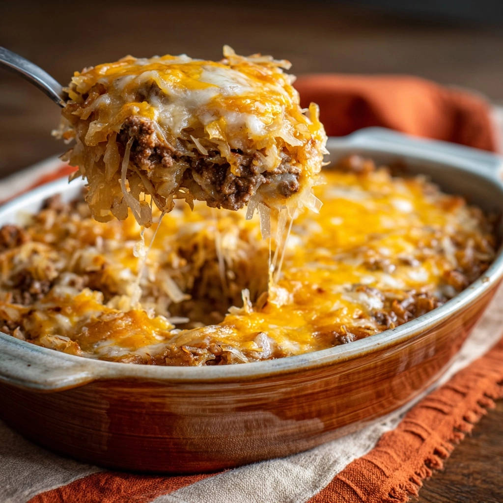 Herzhafter Hackfleisch-Kartoffel-Gratin, nah aufgenommen mit geschmolzenem Käse, der von einer Gabel herunterhängt.
