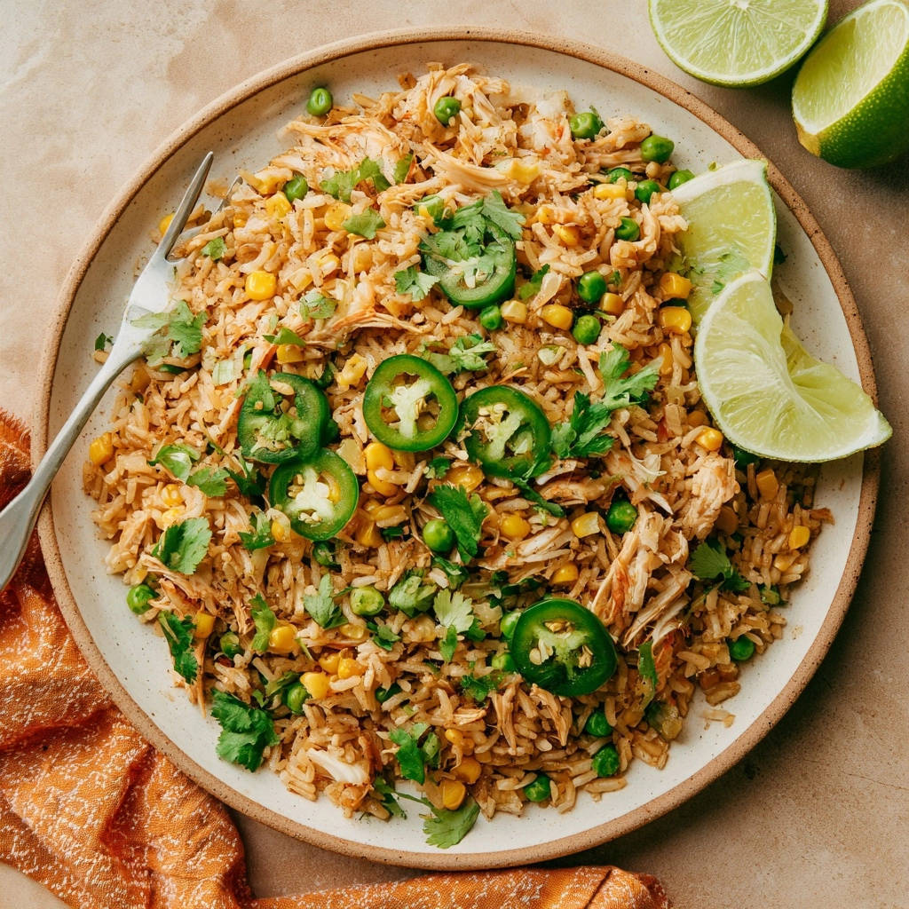 Würziger Hähnchen-Reis-Bowl garniert mit Jalapeño-Scheiben, Koriander und Limettenspalten auf einem Teller