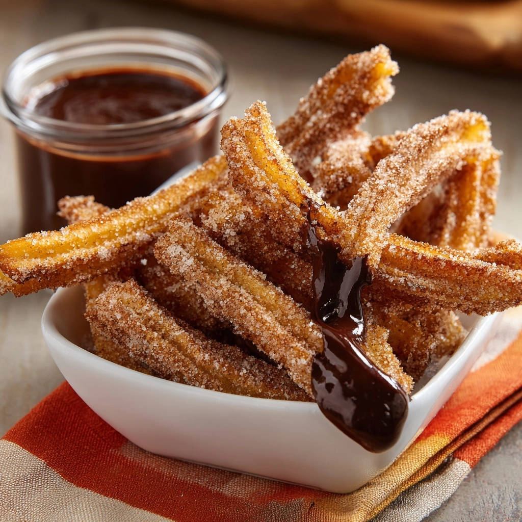 Hausgemachte Churros mit feiner Schokosauce, serviert in einer Schüssel mit Schokoladensauce zum Dippen.